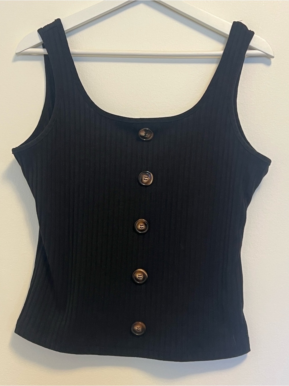 SHEIN Black Ribbed Tank Top with Button Detail Sleeveless Top